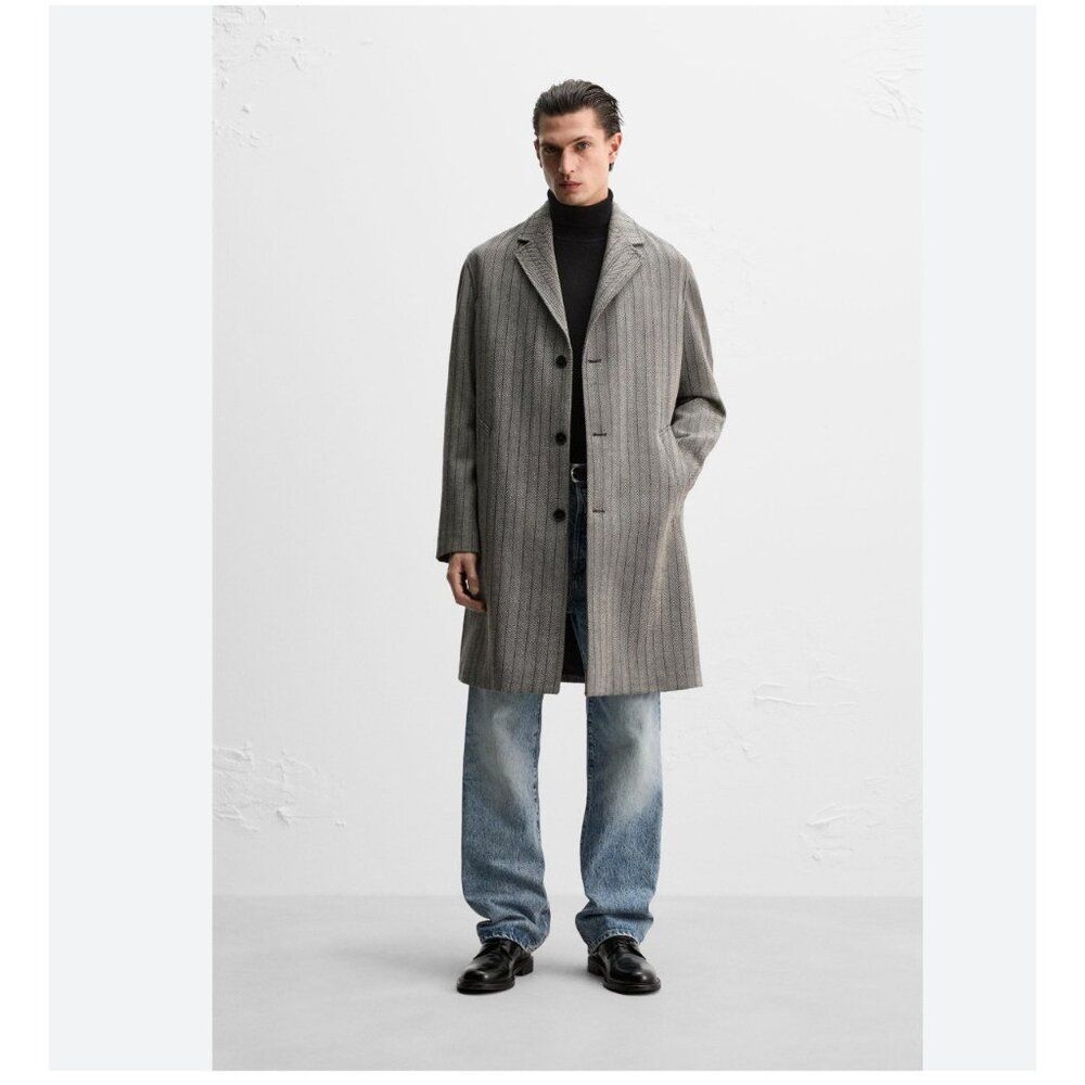 Zara Origins Mens Wool Coat Size S Black White Herringbone 6423/560 NWOT